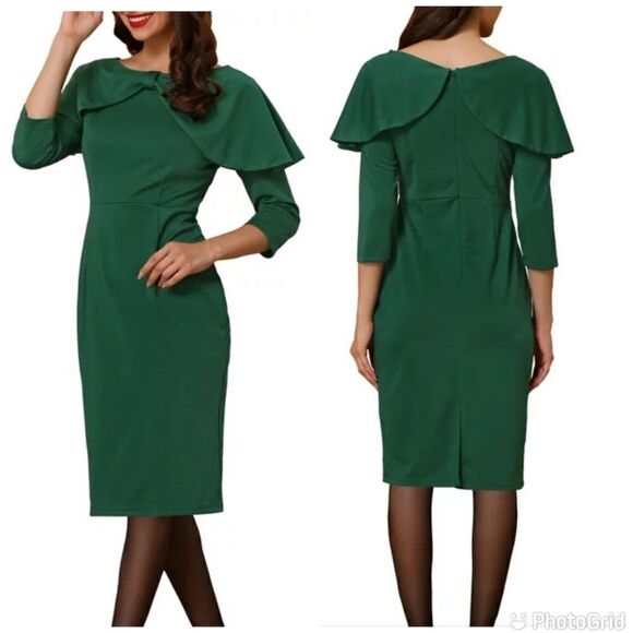 NWT Allegra K 3/4 Sleeve Midi Dress High Waist Bow Tie Neck Invisible Zipper - Picture 1 of 10